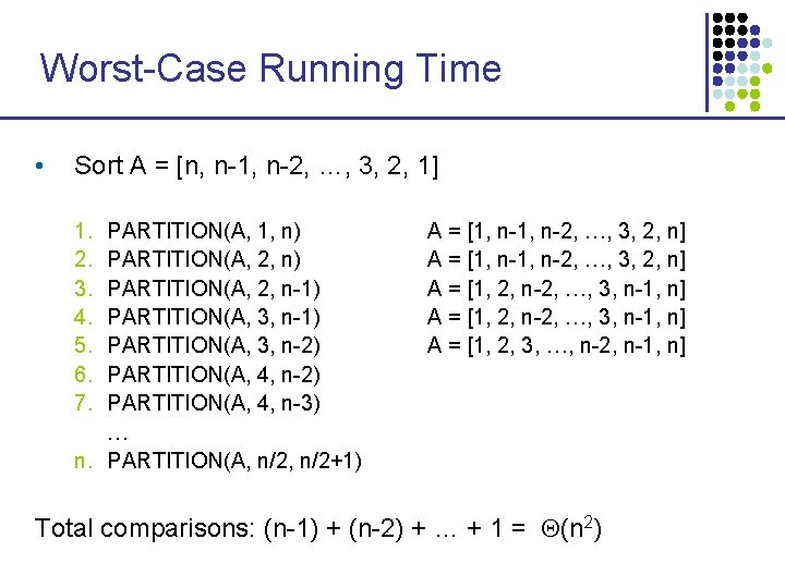 Worst-Case Running Time • Sort A = [n, n-1, n-2, …, 3, 2, 1]