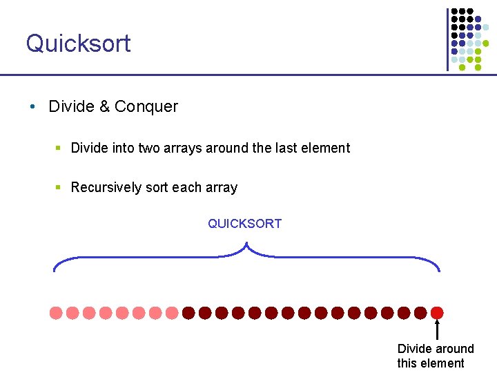 Quicksort • Divide & Conquer § Divide into two arrays around the last element Quicksort • Divide & Conquer § Divide into two arrays around the last element