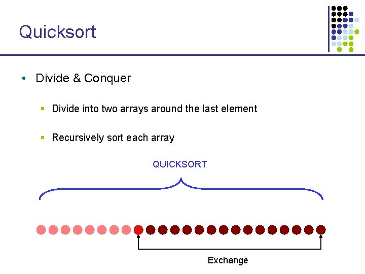 Quicksort • Divide & Conquer § Divide into two arrays around the last element Quicksort • Divide & Conquer § Divide into two arrays around the last element