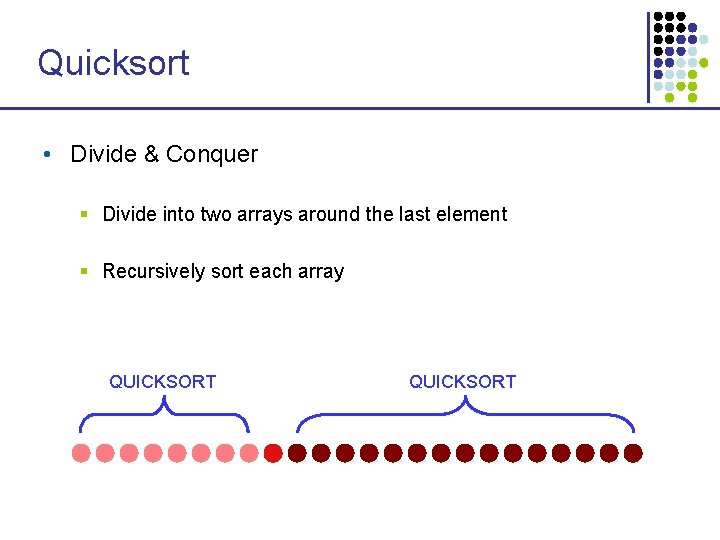 Quicksort • Divide & Conquer § Divide into two arrays around the last element Quicksort • Divide & Conquer § Divide into two arrays around the last element