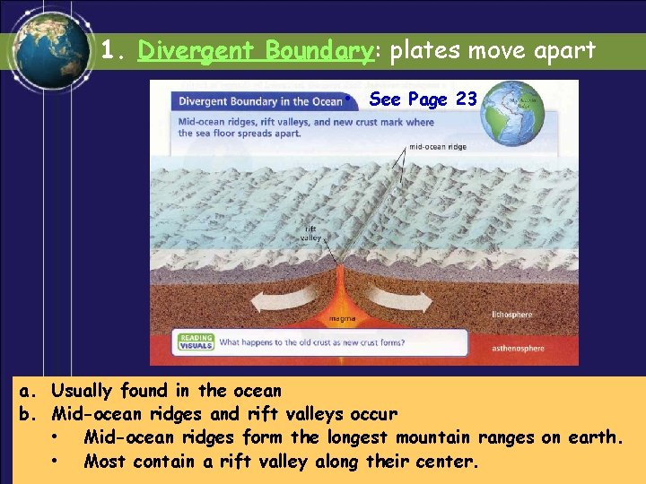 1. Divergent Boundary: plates move apart • See Page 23 a. Usually found in