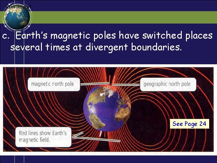 Continued c. Earth’s magnetic poles have switched places several times at divergent boundaries. See