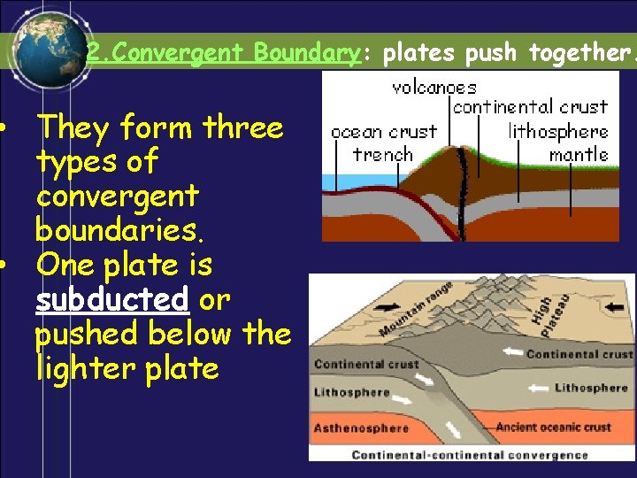 2. Convergent Boundary: plates push together. • They form three types of convergent boundaries.