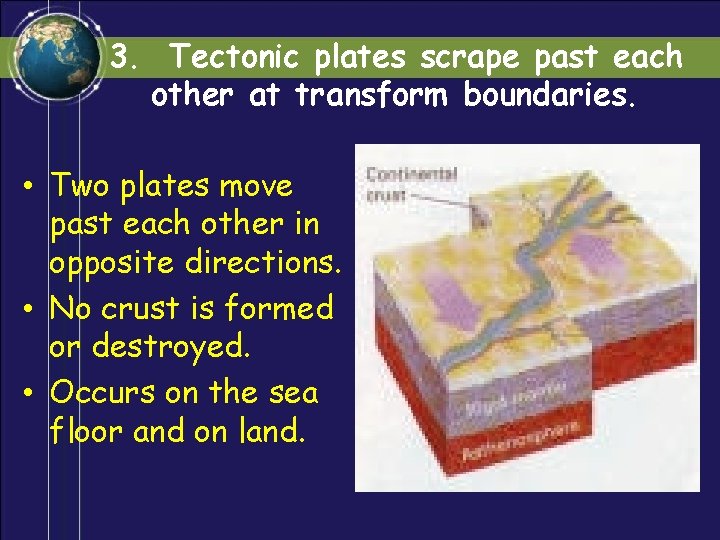 3. Tectonic plates scrape past each other at transform boundaries. • Two plates move