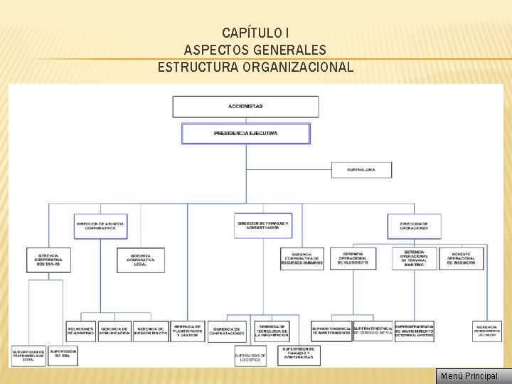 CAPÍTULO I ASPECTOS GENERALES ESTRUCTURA ORGANIZACIONAL Menú Principal 