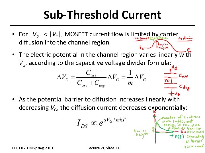 Sub-Threshold Current • For |VG| < |VT|, MOSFET current flow is limited by carrier