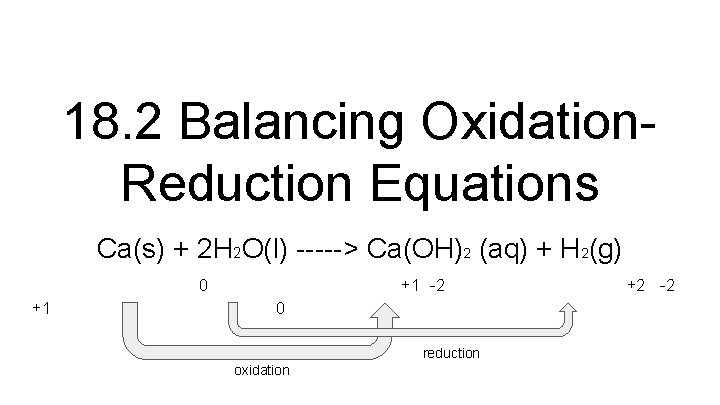 18. 2 Balancing Oxidation. Reduction Equations Ca(s) + 2 H 2 O(l) -----> Ca(OH)2