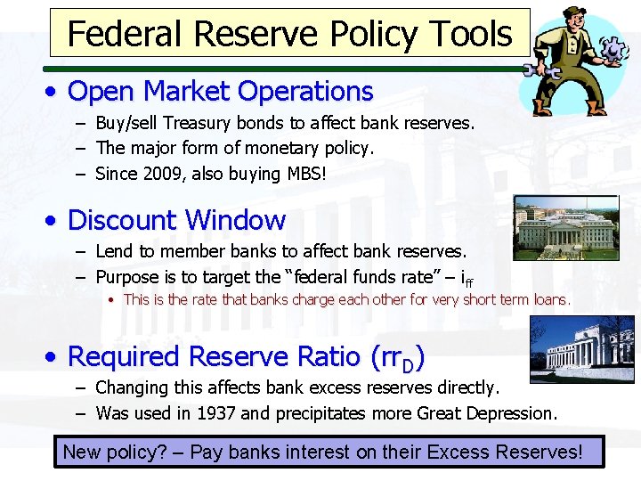 Federal Reserve Policy Tools • Open Market Operations – Buy/sell Treasury bonds to affect