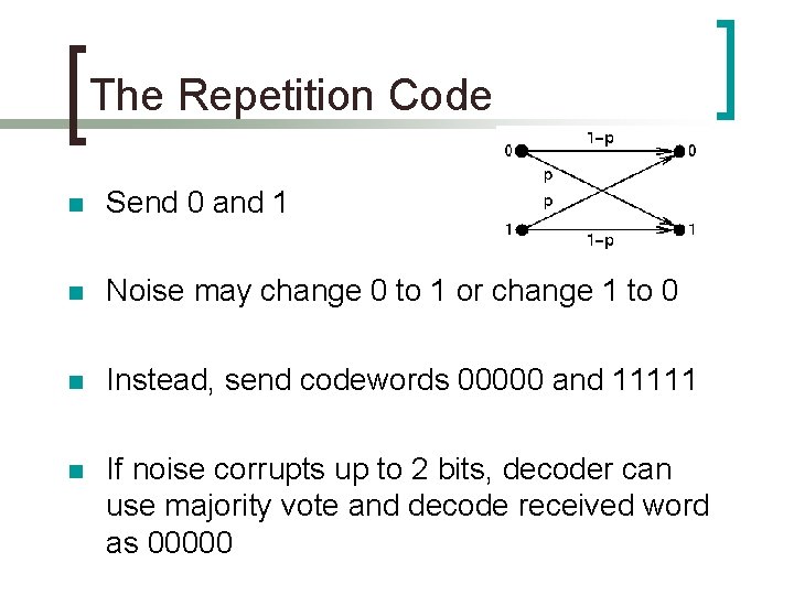 The Repetition Code n Send 0 and 1 n Noise may change 0 to