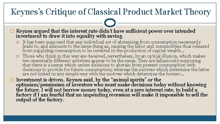 Keynes’s Critique of Classical Product Market Theory � Keynes argued that the interest rate