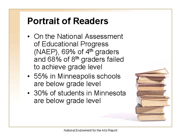 Portrait of Readers • On the National Assessment of Educational Progress (NAEP), 69% of