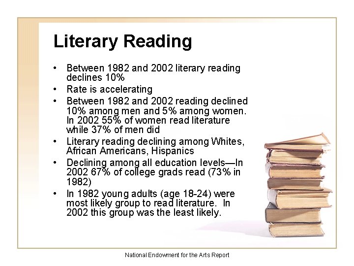 Literary Reading • Between 1982 and 2002 literary reading declines 10% • Rate is