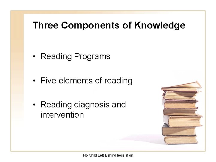 Three Components of Knowledge • Reading Programs • Five elements of reading • Reading