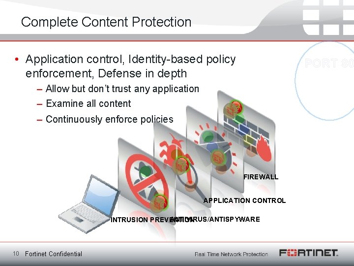 Complete Content Protection • Application control, Identity-based policy PORT 80 enforcement, Defense in depth