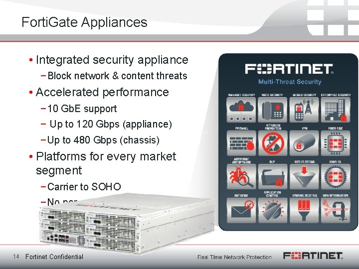 Forti. Gate Appliances • Integrated security appliance − Block network & content threats •