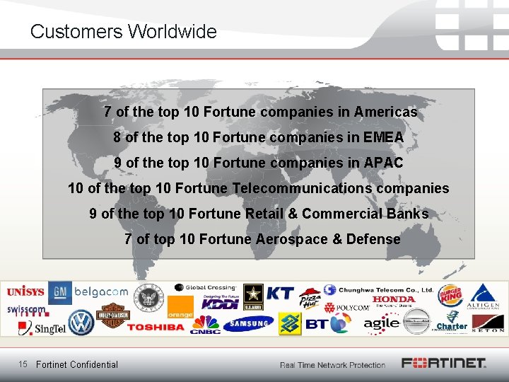 Customers Worldwide 7 of the top 10 Fortune companies in Americas 8 of the