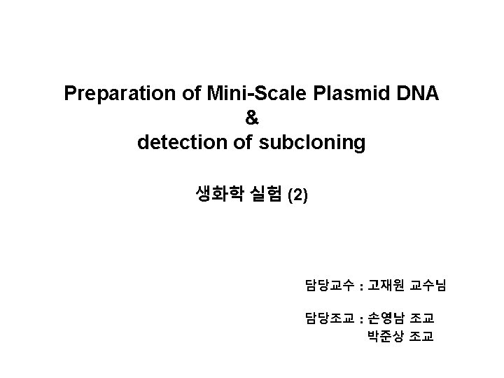 Preparation of Mini-Scale Plasmid DNA & detection of subcloning 생화학 실험 (2) 담당교수 :