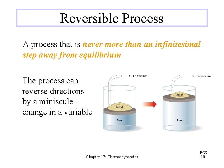 Reversible Process A process that is never more than an infinitesimal step away from
