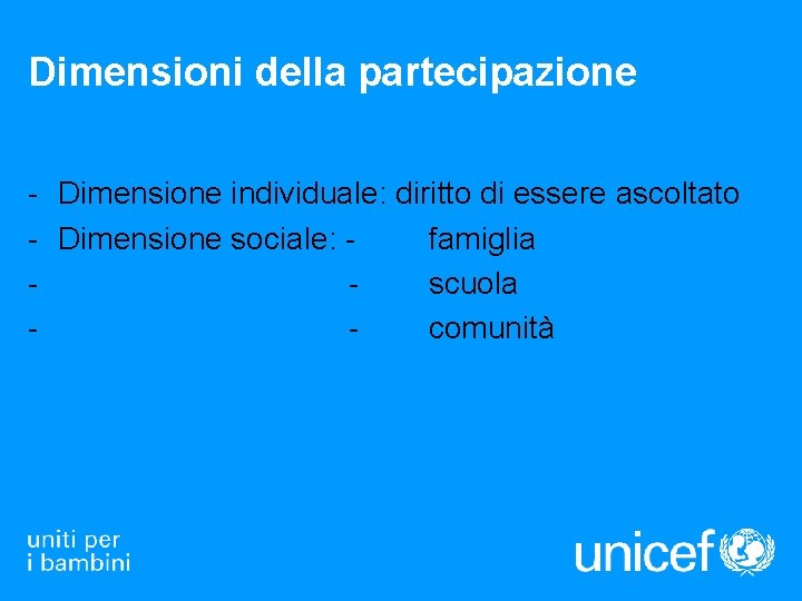 Dimensioni della partecipazione - Dimensione individuale: diritto di essere ascoltato - Dimensione sociale: famiglia