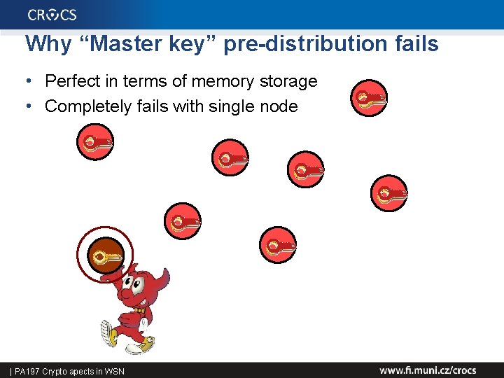 Why “Master key” pre-distribution fails • Perfect in terms of memory storage • Completely