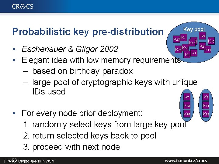 Probabilistic key pre-distribution Key pool K 3 K 27 K 7 KK 2123 K