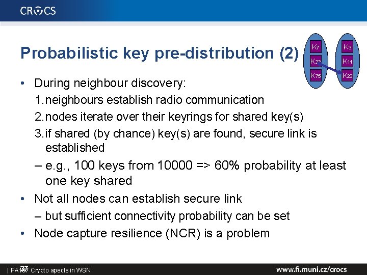 Probabilistic key pre-distribution (2) K 7 K 3 K 23 K 11 K 75