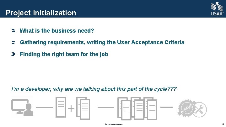 Project Initialization What is the business need? Gathering requirements, writing the User Acceptance Criteria