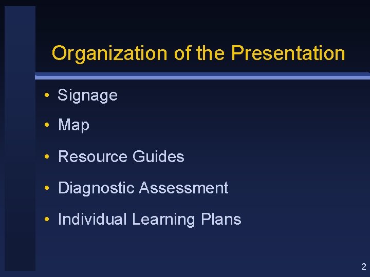 Organization of the Presentation • Signage • Map • Resource Guides • Diagnostic Assessment