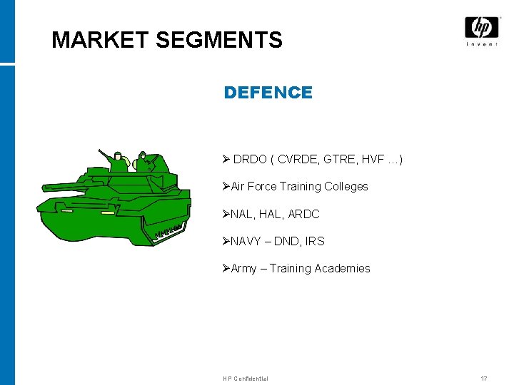 MARKET SEGMENTS DEFENCE Ø DRDO ( CVRDE, GTRE, HVF …) ØAir Force Training Colleges