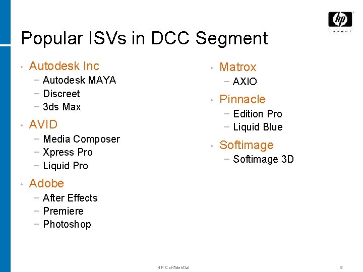 Popular ISVs in DCC Segment • Autodesk Inc • − Autodesk MAYA − Discreet