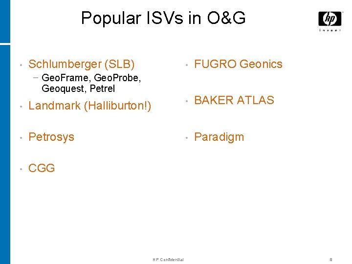 Popular ISVs in O&G • Schlumberger (SLB) • FUGRO Geonics − Geo. Frame, Geo.