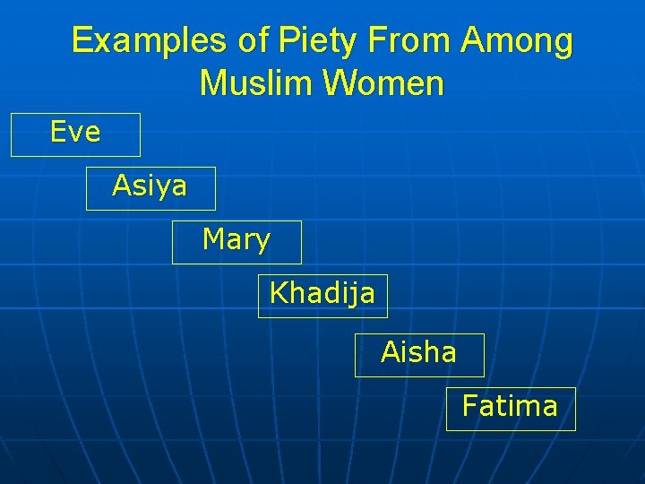 Examples of Piety From Among Muslim Women Eve Asiya Mary Khadija Aisha Fatima 