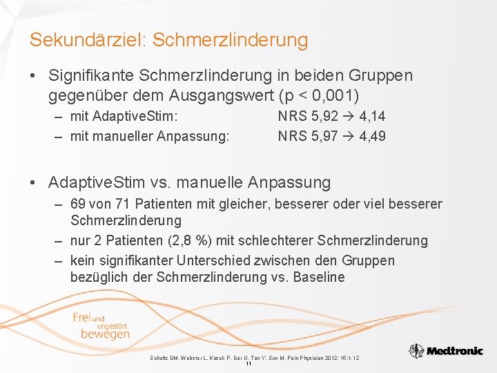 Sekundärziel: Schmerzlinderung • Signifikante Schmerzlinderung in beiden Gruppen gegenüber dem Ausgangswert (p < 0,