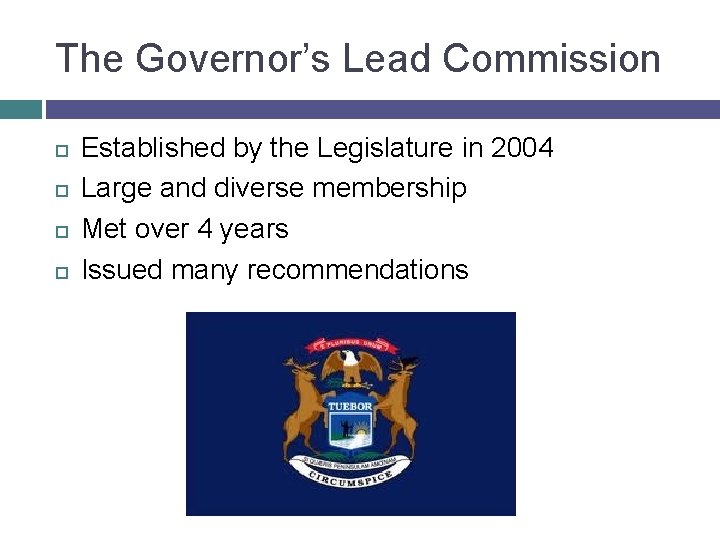 The Governor’s Lead Commission Established by the Legislature in 2004 Large and diverse membership