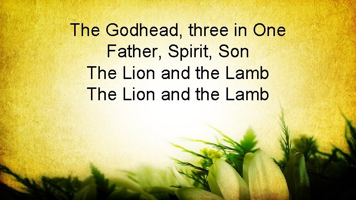 The Godhead, three in One Father, Spirit, Son The Lion and the Lamb 