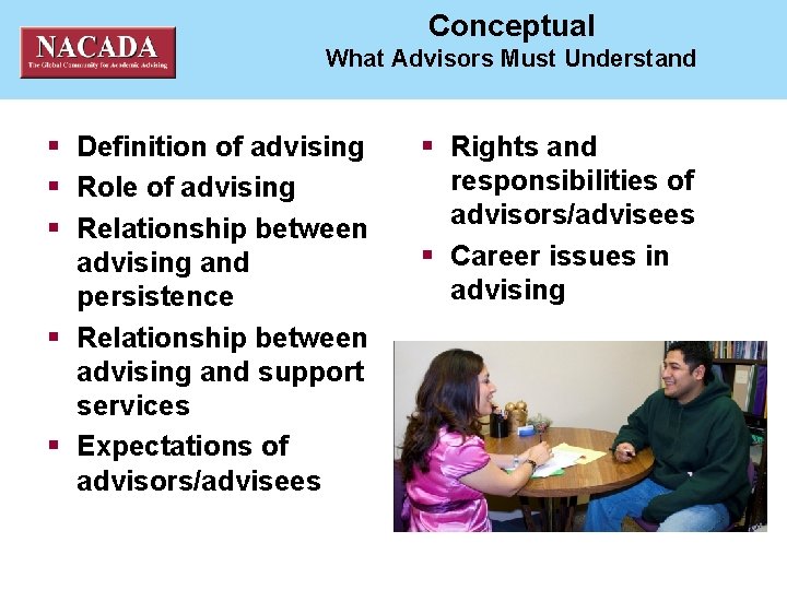 NACADA National ACademic ADvising Association Conceptual What Advisors Must Understand § Definition of advising