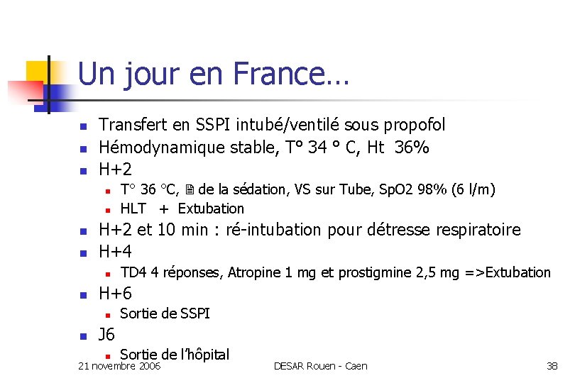 Un jour en France… n n n Transfert en SSPI intubé/ventilé sous propofol Hémodynamique