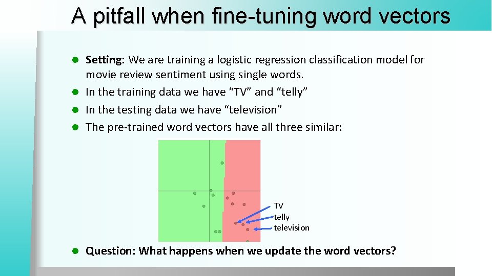 A pitfall when fine-tuning word vectors Setting: We are training a logistic regression classification A pitfall when fine-tuning word vectors Setting: We are training a logistic regression classification