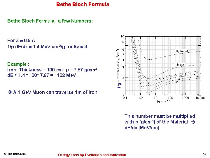 Bethe Bloch Formula, a few Numbers: For Z 0. 5 A 1/ d. E/dx