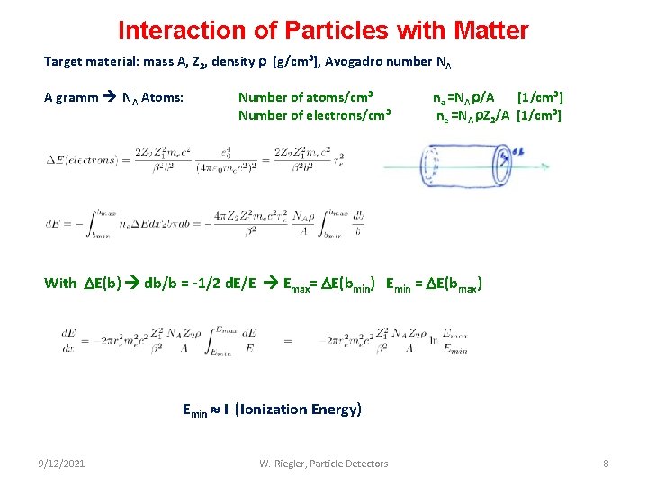 Interaction of Particles with Matter Target material: mass A, Z 2, density [g/cm 3],
