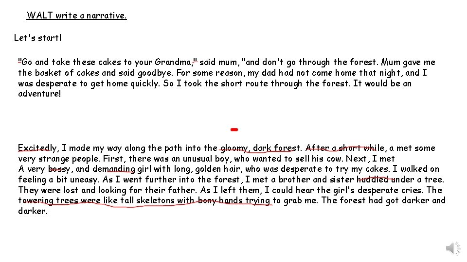 WALT write a narrative. Let's start! "Go and take these cakes to your Grandma,