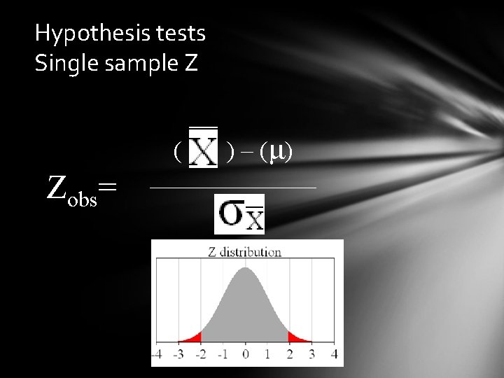 Hypothesis tests Single sample Z ( Zobs= ) – (μ ) _________ 