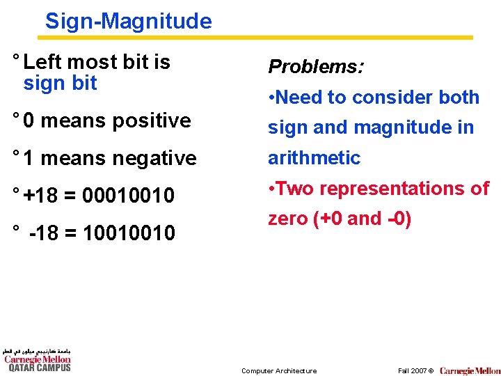 Sign-Magnitude ° Left most bit is sign bit Problems: ° 0 means positive sign