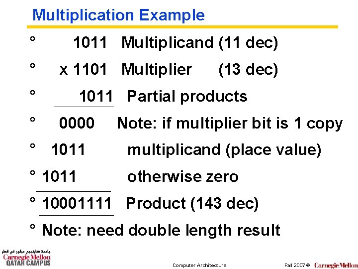 Multiplication Example ° ° 1011 Multiplicand (11 dec) x 1101 Multiplier ° ° (13