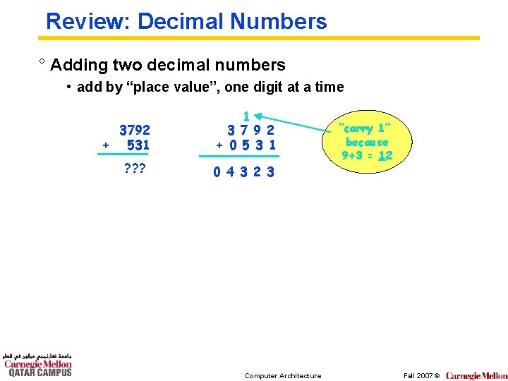 Review: Decimal Numbers ° Adding two decimal numbers • add by “place value”, one