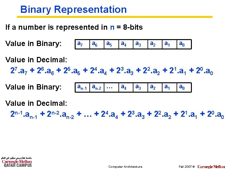 Binary Representation If a number is represented in n = 8 -bits Value in