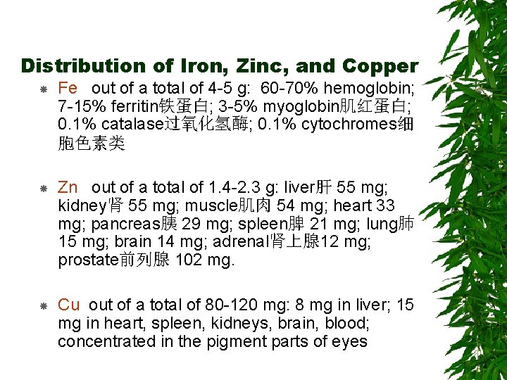 Distribution of Iron, Zinc, and Copper Fe out of a total of 4 -5