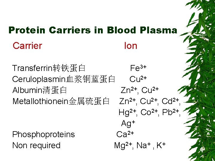 Protein Carriers in Blood Plasma Carrier Ion Transferrin转铁蛋白 Fe 3+ Ceruloplasmin血浆铜蓝蛋白 Cu 2+ Albumin清蛋白