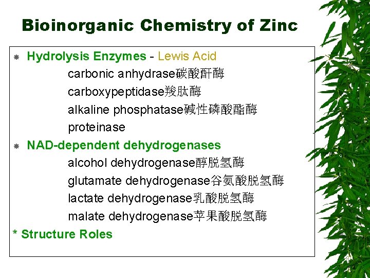 Bioinorganic Chemistry of Zinc Hydrolysis Enzymes - Lewis Acid carbonic anhydrase碳酸酐酶 carboxypeptidase羧肽酶 alkaline phosphatase碱性磷酸酯酶