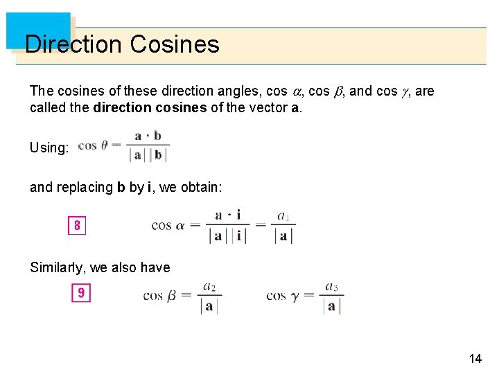 Direction Cosines The cosines of these direction angles, cos , and cos , are